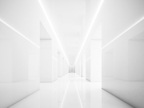 White hallway in empty interior. Lights and space. 3d render