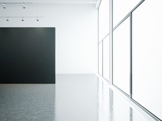 Obraz premium Empty gallery interior with panoramic windows. 3d render