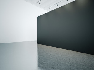 Interior of empty gallery with black canvas. 3d render