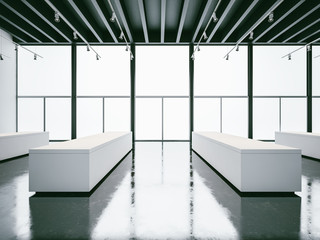 Empty white gallery interior with black ceiling. 3d render