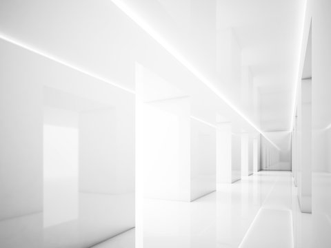 White interior in modern office. Lights and space. 3d render