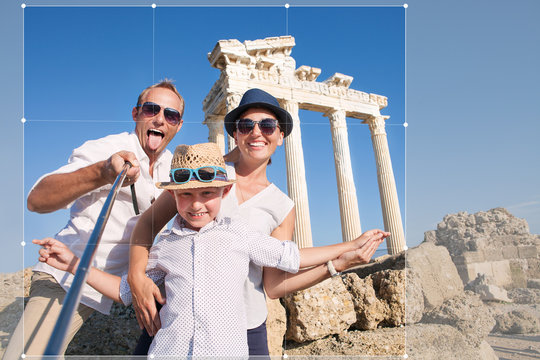 Happy family selfie travel photo cropping for share in social ne