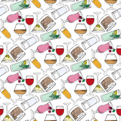 Illustration of alcoholic and non-alcoholic beverages. Seamless pattern.