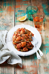 Okra, vegetables and meat ragout, selective focus