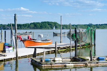 Fototapeta na wymiar Schleswig, city of the Schlei, fishing boat and net,