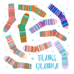 Set of ten colorful striped knitted socks.