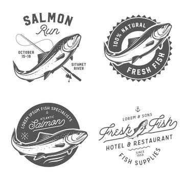 Vintage fresh fish salmon emblems, badges and design elements set