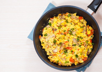 scrambled eggs with mushrooms and vegetables in a frying pan