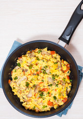 scrambled eggs with mushrooms and vegetables in a frying pan