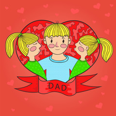 father kiss daughter twins. heart. love. family. vector