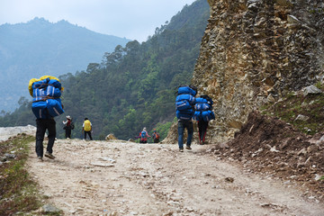 Fototapeta premium the porter is carrying stuff to trek to Poonhill, Nepal