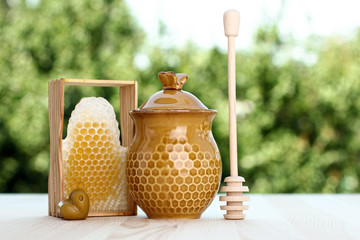 honeycomb and honeypot on a background of trees