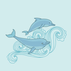 Fototapeta premium Vector illustration with two dolphins in wave. Swimming Dolphins.