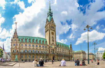Hamburg town hall with dramatic clouds, Germany