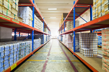 Rows of shelves with boxes