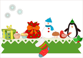 biglietto natalizio con pacchi regalo e pasticcini