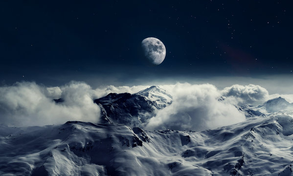 Berggipfel in schnee bei nacht