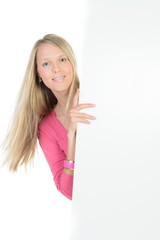 beautiful blond woman holding a blank ad