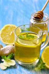 Hot tea with ginger,lemon,honey and mint.
