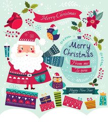 Christmas vector illustration with Santa Claus, birds and gifts