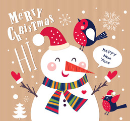 Vector Cheerful Christmas card with Snowman. 