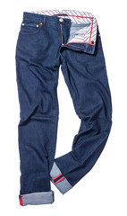 Blue denim luxury male pants isolated on white background