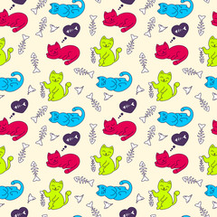 seamless pattern with cats and fish bones