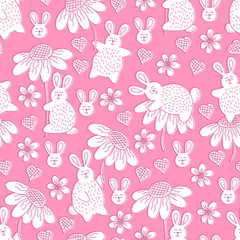 seamless pattern with rabbits and flowers