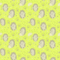 seamless pattern with hedgehogs and dandelion flowers