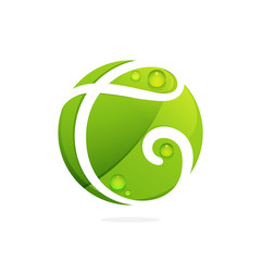 C letter with green leaves and dew drops.