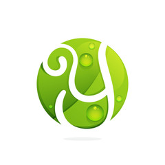 Y letter with green leaves and dew drops.