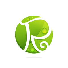R letter with green leaves and dew drops.