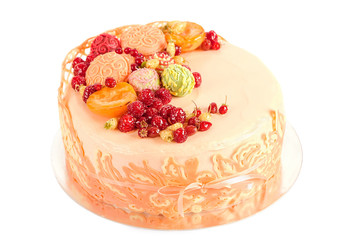 Apricot cream cakes with orange and white chocolate and fruits