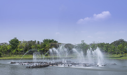 Fototapeta premium fountain in pond in garden, bangkok, thailand