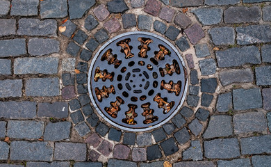 Manhole on old style brick road with yellow leaves and cigarette ends