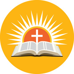 Bible, sunset and cross. Church logo concept.