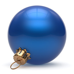 Christmas ball New Year's Eve bauble wintertime decoration blue sphere hanging adornment classic. Traditional winter ornament happy holidays Merry Xmas event symbol glossy blank. 3d render isolated