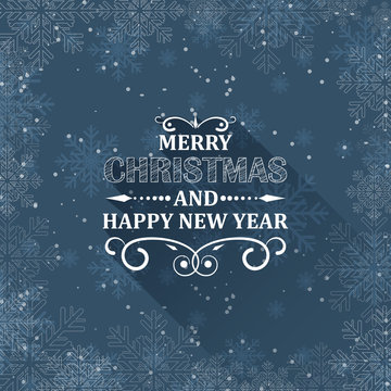 Christmas greeting card with snowflakes and ornate heading. Flat design.