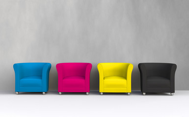 3D CMYK chairs - obrazy, fototapety, plakaty