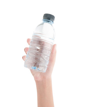 Hand holding bottle of water on white background , clipping path