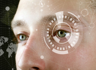 Human eye viewing digital information. Cyber technology concept