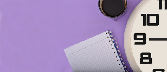 Coffee, Clock & notepad on Banner with copyspace