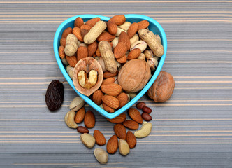 Set of Dry Fruits in a Bowl & around on Table.
