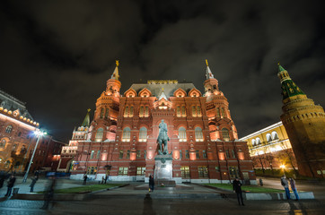 The State Historical Museum of Russia at night. Monument to Mars