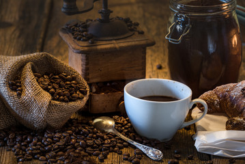 Coffee in set breakfast on wood tabel