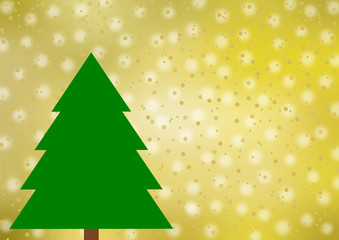 Großer grüner Tannenbaum auf verschiedenen Goldtönen, verschwommenen Schneeflocken, goldenen Sternen und Punkten sowie mit einem großen Textfreiraum rechts