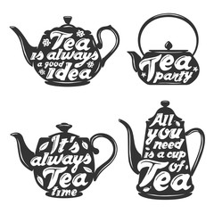 Set of tea pot silhouettes with quotes.