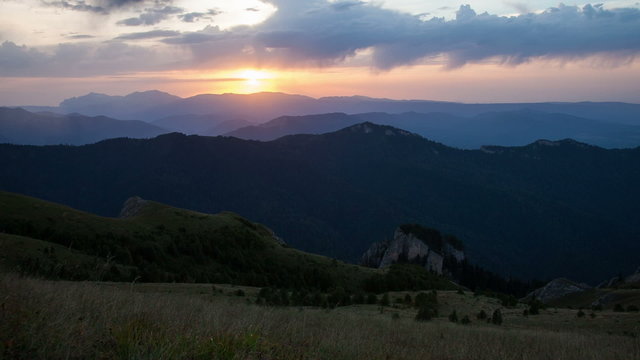 Caucasus Mountains at sunset. Timelapse. Adygea. Russia
