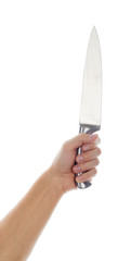 Male hand holding big silver kitchen knife