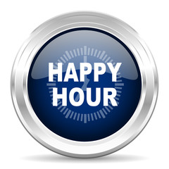 happy hour cirle glossy dark blue web icon on white background